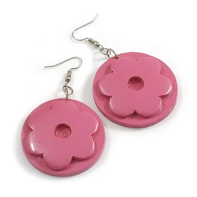40mm D/ Pink Round Floral Wooden Drop Earrings - 65mm Long (Natural - Image 1 of 4