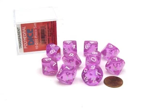 Pack de 10 Dados Transparentes D10 en Vitrina - Púrpura con Números Blancos - Imagen 1 de 1