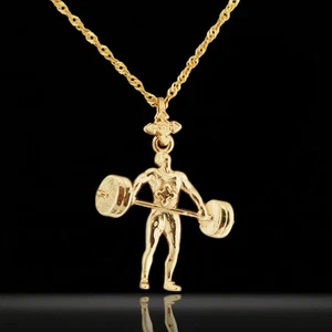 Gold-Plated Weightlifting Pendant Necklace - Mens Gym Charm for Bodybuilders - Picture 1 of 13
