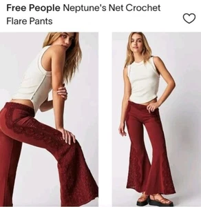 Free People Neptune's Net Crochet Flare Pants Size 12 Red - Picture 1 of 11