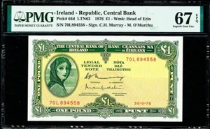 Irlanda Lady Lavery One Pound 30-9-1976 Pick-64d SUPERBA GEMMA UNC PMG 67 EPQ - Foto 1 di 2