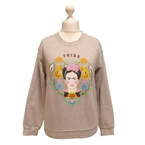 Frida Kahlo Blumen Sweatshirt mexikanische Künstlerin Grafikdruck grau Damen S 8-10 - Bild 1 von 5