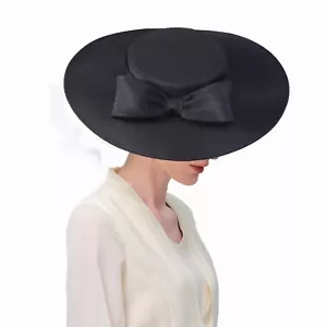 Black Fascinators Church Dress Hat For Women Wide Brim Big Bow Fedoras Hats - Picture 1 of 4