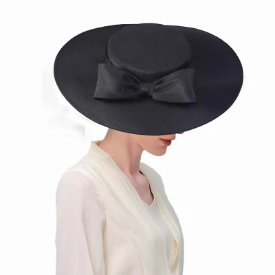 Black Fascinators Church Dress Hat For Women Wide Brim Big Bow Fedoras Hats - Image 1 of 4