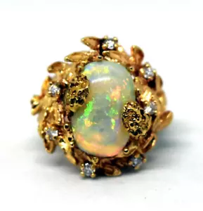 Stunning Vintage 12/14K Yellow Gold, Natural Opal and Diamond Ring Size 6 - Picture 1 of 7