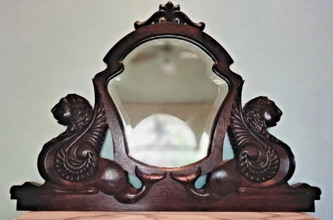 Antique Beveled Mirror Carved Lion Phoenix Serpent Chimera Griffin Eastlake Cover