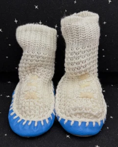 Vintage Kleinkind Socken Hausschuhe mit Ledersohle Größe 3 blau & weiß - Bild 1 von 8