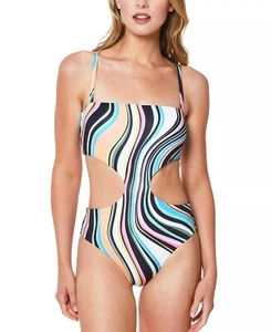 Sanctuary MULTI Wavy Printed Side Cutout One Piece Swimsuit, US Medium - Picture 1 of 2