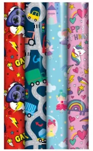10m Children's Gift Wrapping Paper Roll - 4 x 2.5m Boy's & Girl's Mixed Designs - Picture 1 of 1