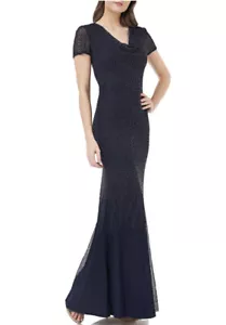 NWT JS Collection Cowl Neck Beaded Mesh Gown in Blue, Size 4 - Picture 1 of 12
