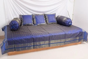 Banarasi Blue Diwan Set Cushion & Bolster Cover Silk & Woven Zari Brocade - Picture 1 of 15