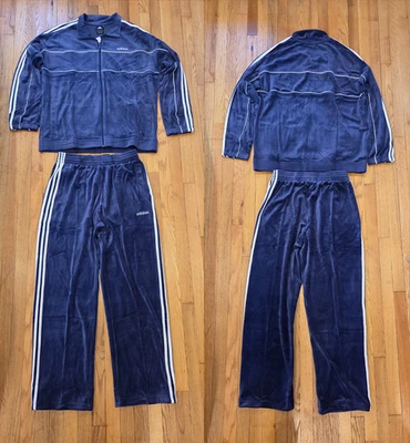 Vintage Men Adidas Navy & White Velour Sweatsuit Tracksuit Velvelt NWT Sz M L XL - Image 1 of 4