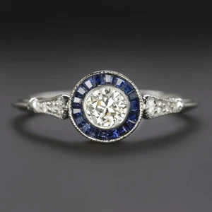 OLD EUROPEAN CUT DIAMOND SAPPHIRE ENGAGEMENT RING ART DECO TARGET VINTAGE STYLE - Picture 1 of 1