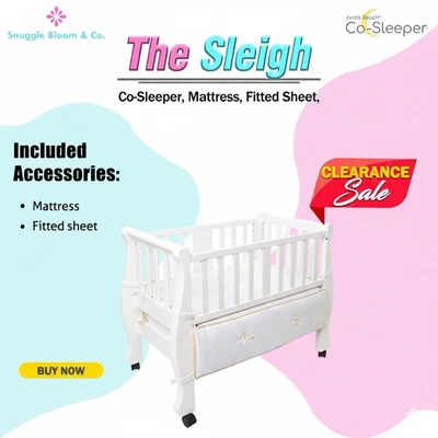 Newborn Co-Sleeper Sleigh Bassinet Crib Bed w/ Mattress & Sheet - WHITE COLOUR - image 1 of 3