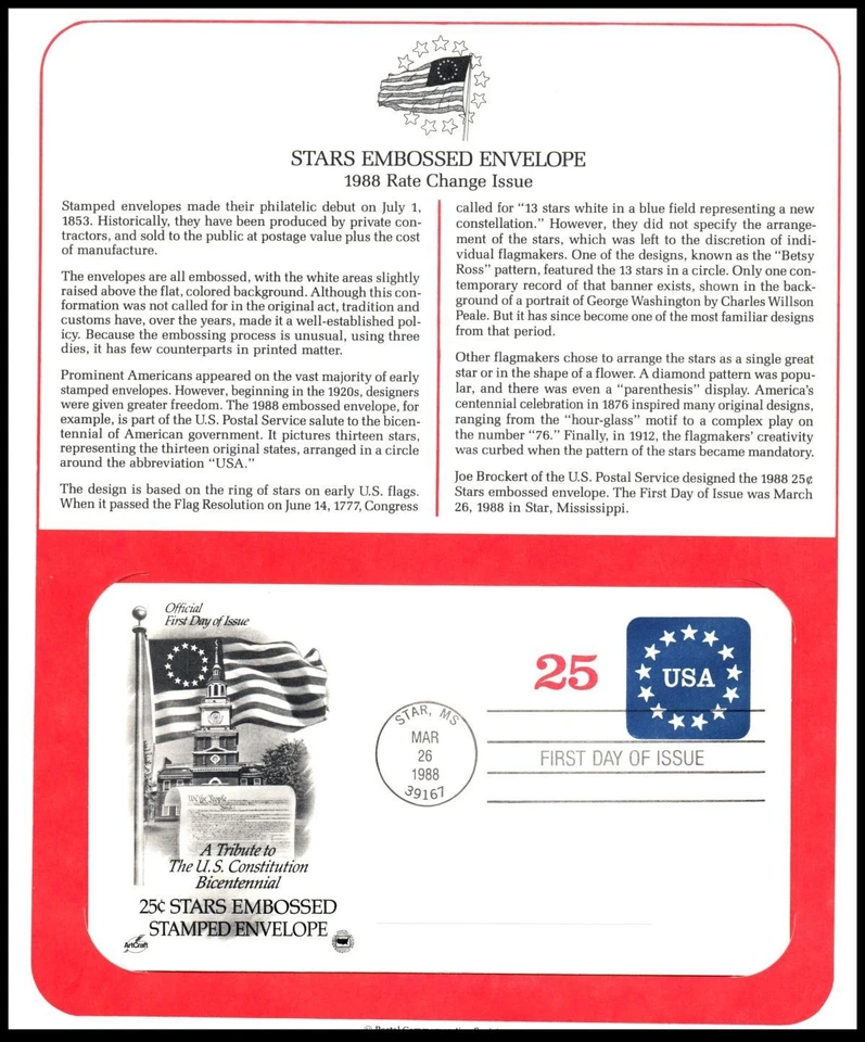 1988 USA Stars Embossed Envelope Sc U611 FDC PCS patriotic emblem stationery - Image 1 of 1