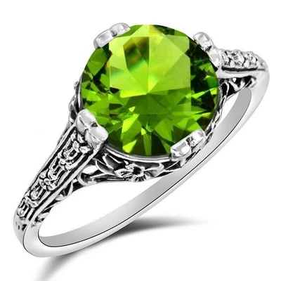 2CT Natural Peridot 925 Solid Sterling Silver Art Deco Ring Jewelry Sz 9 XA3-7 - Image 1 of 4