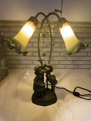 Vintage Boy Kissing Girl Figurine Lamp Double Tulips Green Matte 20" - Image 1 of 4