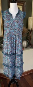 J. Jill Coastal Ruffles Sleeveless Midi Dress Blue Paisley Floral Tiered PS - Picture 1 of 7