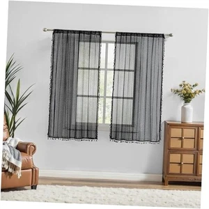 Black Boho Curtains with Lace Tassel 54 40"W x 54"L (Pack of 2) Black Lace-new - Picture 1 of 7