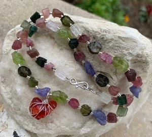Collier argent 925, tourmalines multicolore, péridots, tanzanites, opale de feu - Imagen 1 de 24