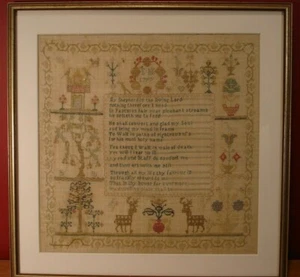 Antique Sampler 1797 - Psalm 23 Embroidered with Various Plants- Birds - Deer - Picture 1 of 12
