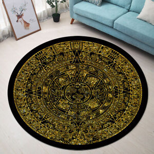 Black Background Gold Aztec Calendar Area Rugs Soft Living Room Round Floor Mat