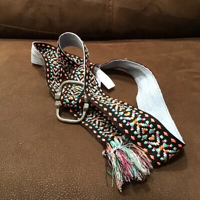 Free People OS Black Woven Braided Pink/Blue CARAVAN TEXTILE WRAP BELT NWOT $40 - Image 1 of 4