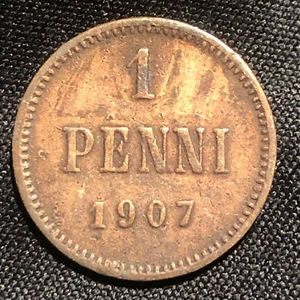 1907 Finland 1 Penni Open 9 NoSerif 7 Copper Coin - XF (Extra Fine) condition - Picture 1 of 4