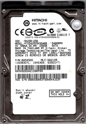 Hitachi 5K250 HTS542525K9SA00 250 GB Internal 5400 RPM 2.5" SATA HDD - TESTED - Image 1 of 3
