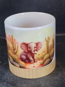 Ceramic Pot White with Bamboo Base with Cute Elephant Cactus Image, 4 Inch - Picture 1 of 5