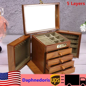 5 Schichten Vintage Große Schmuck Organizer Holz Aufbewahrungsbox Koffer mit 4 Schubladen - Bild 1 von 8