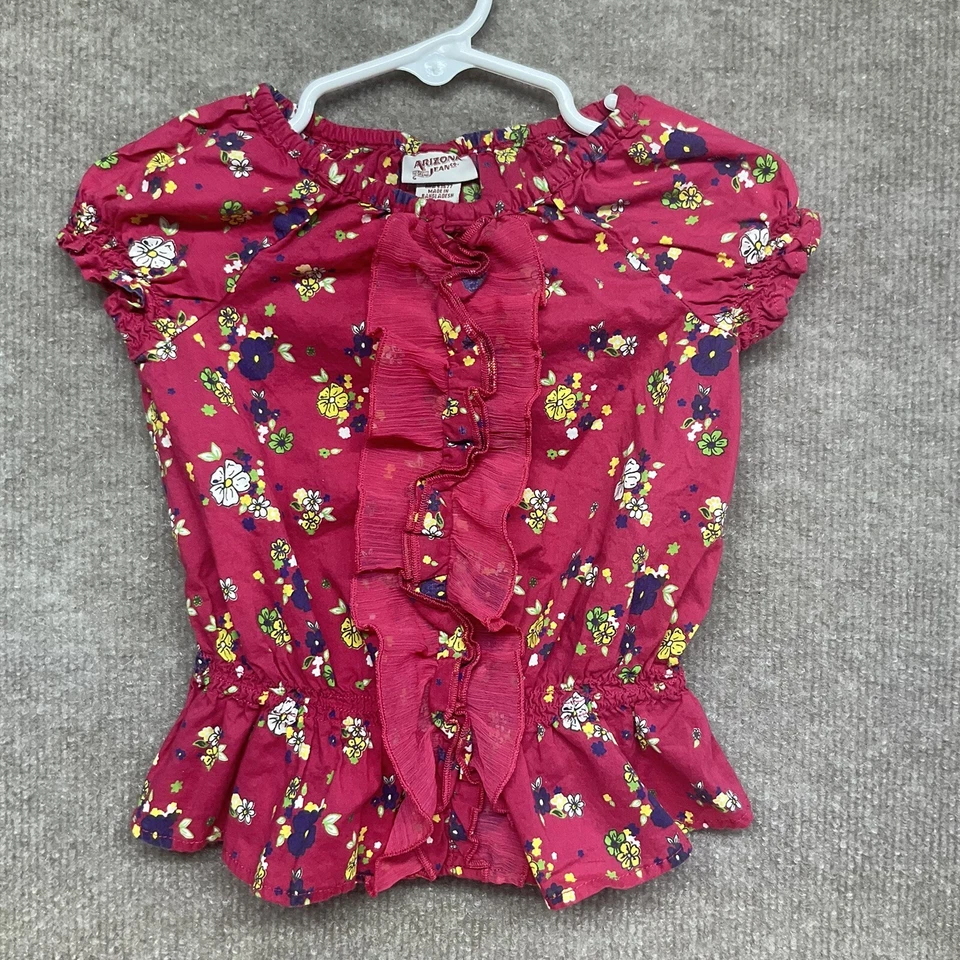 Marca Arizona Niñas Talla 24 Mo. Camisa de verano rosa sin mangas con volantes y flores Foto 1 de 4