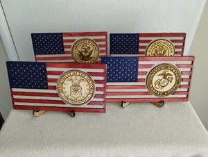 Wood Mini US Flag Military Emblem w/stand 10" x 5" Army Air Force Marines Navy - Picture 1 of 7