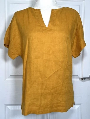 Женская 100% льняная рубашка блузка Jaeger размер UK 8 горчичный короткий рукав - Изображение 1 из 4