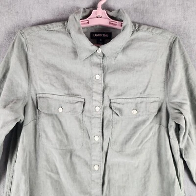 Vestido camisero Lands End para mujer de lino 8 verdes con botones bolsillos laterales en el pecho usado en excelente estado Foto 1 de 4