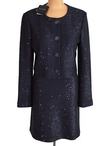 NWT ST. JOHN Knits Navy Blue Sequin Tweed Jacket Blazer Skirt Suit sz 12 $2290