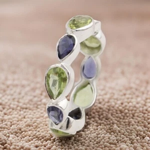 Anillo banda piedra natal vintage peridoto natural y anillo de iolita joyería de eternidad regalo - Imagen 1 de 10