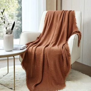 Farmhouse Rust Knit Throw Blanket for Couch Sofa Chair Bed Home Decoration, Soft - Picture 1 of 12