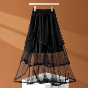 Women Mesh Lace Trim Skirt Tiered A-line Half Dress Sheer Midi Swing Beach Party - Picture 1 of 16