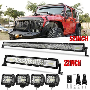 22'' + 52'' Tri-Row LED Light Bar + 4" Pods Combo Kit for Jeep Wrangler JK TJ YJ - Picture 1 of 24