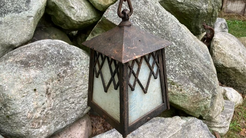 Antique Arts & Crafts Gothic Cast Iron Slag Glass Ceiling Porch Foyer Light Cover