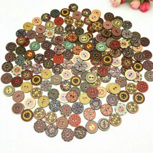 100Pcs Retro Wood Buttons Round Floral Sewing Retro Craft DIY 2 Hole Mixed Color - Picture 1 of 9