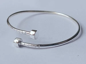 Screw Nail Wrap Cuff Bracelet Solid 3MM Sterling Silver Rounded Bangle For Him - Picture 1 of 7
