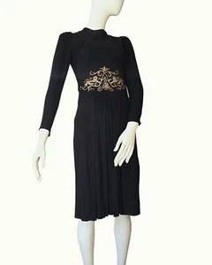 Vintage 1940s 40s Embroidered Black Crepe Evening Cocktail Dress S - Picture 1 of 10