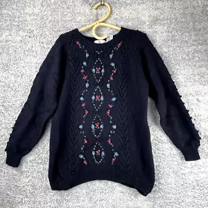 Vintage jumper knit pure new Wool pullover dark blue Size Large 90s floral - Picture 1 of 9