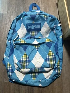 Jansport School Backpack Book Bag Blue Argylle Large 2 Zipper Compartments - Picture 1 of 8