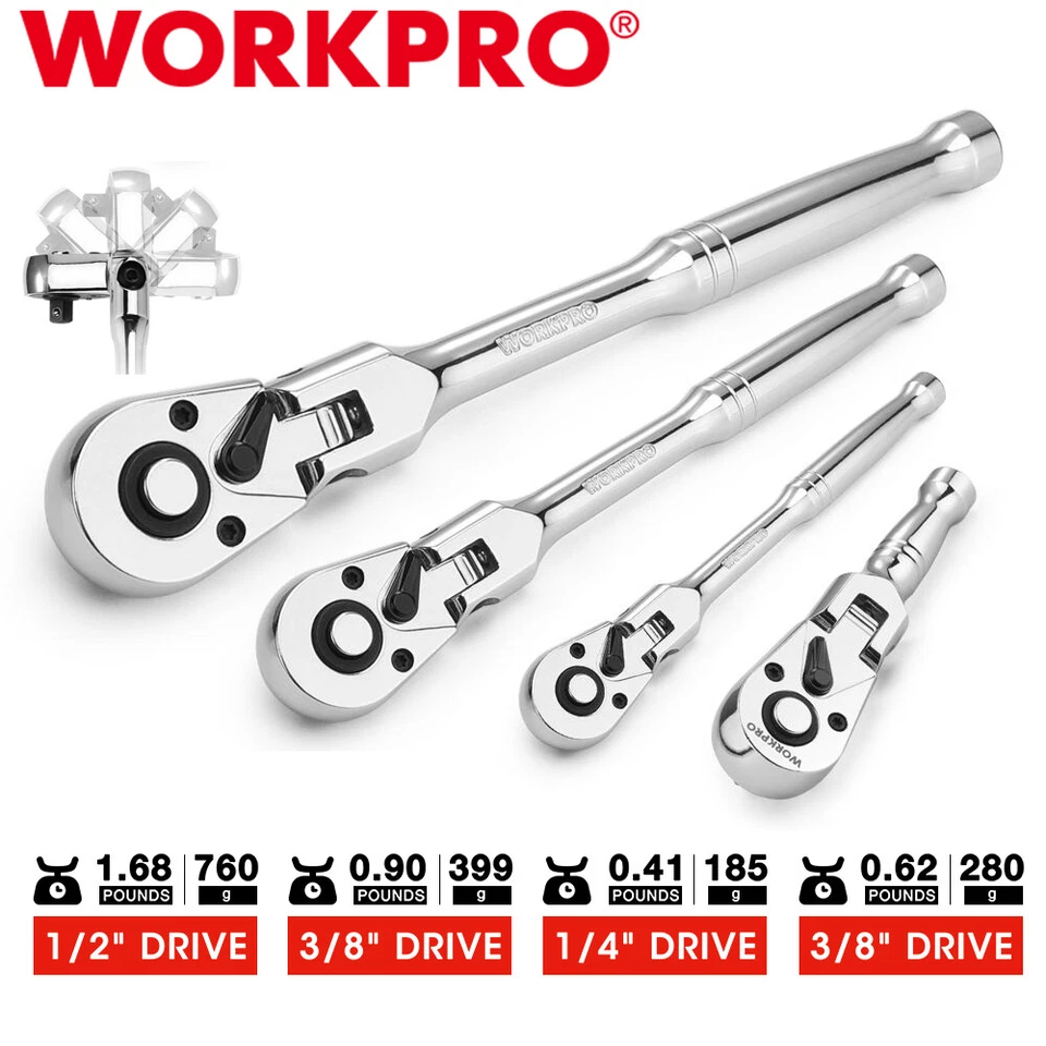 WORKPRO 1/4"/3/8"/1/2"Drive/ 3/8" Stubby Flex Head Ratchet Set 72-Tooth Ratchet - Image 1 of 4