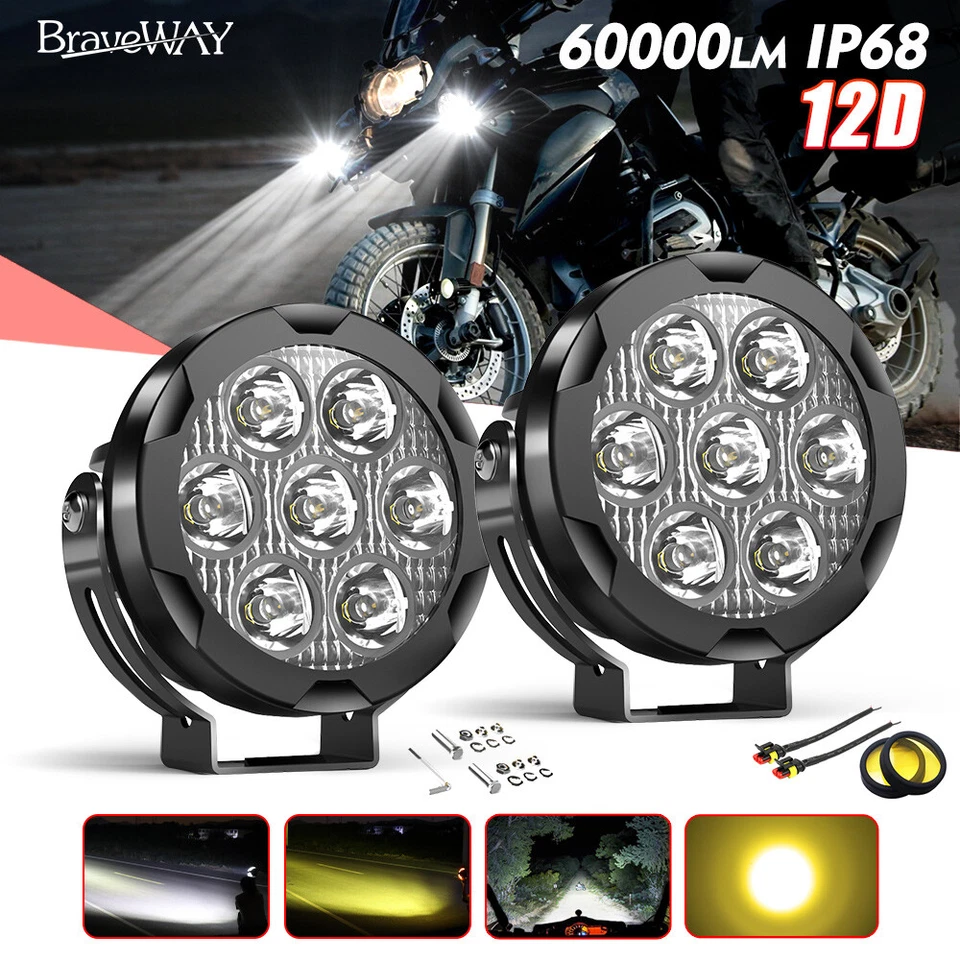 Pair Yellow White Motorcycle LED Spot Light Auxiliary Headlight Fog Driving Lamp - Image 1 of 4
