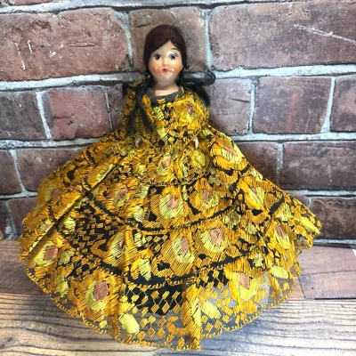 Vintage Composition Doll 8 Inch Dark Hair Native American Yellow Gold Dress - Image 1 of 4