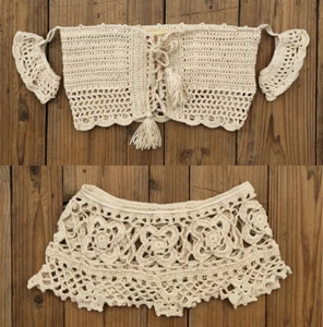 Women crochet sexy bikini set boho swimsuit Vest Swim skirt Hollow Sunbathing - Picture 1 of 12